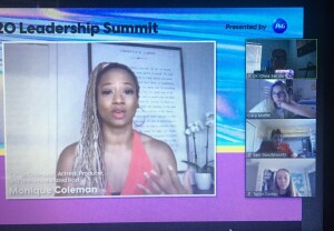 In an online Zoom meeting, the members of Herstory watch a motivational and empowering speech by Monique Coleman that was live streamed during the Girl Up 2020 Summit over the summer.  