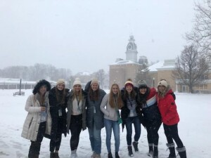 Maya and Clara, right, with other high school seniors visiting Hillsdale College.